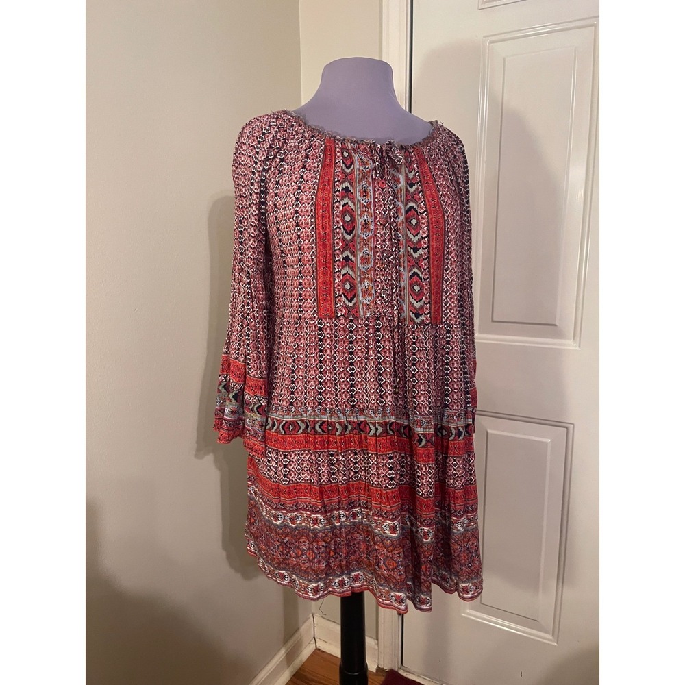Angie Womens Red Boho Print Bell Sleeve Tiered mini dress Size M Rayon Shift